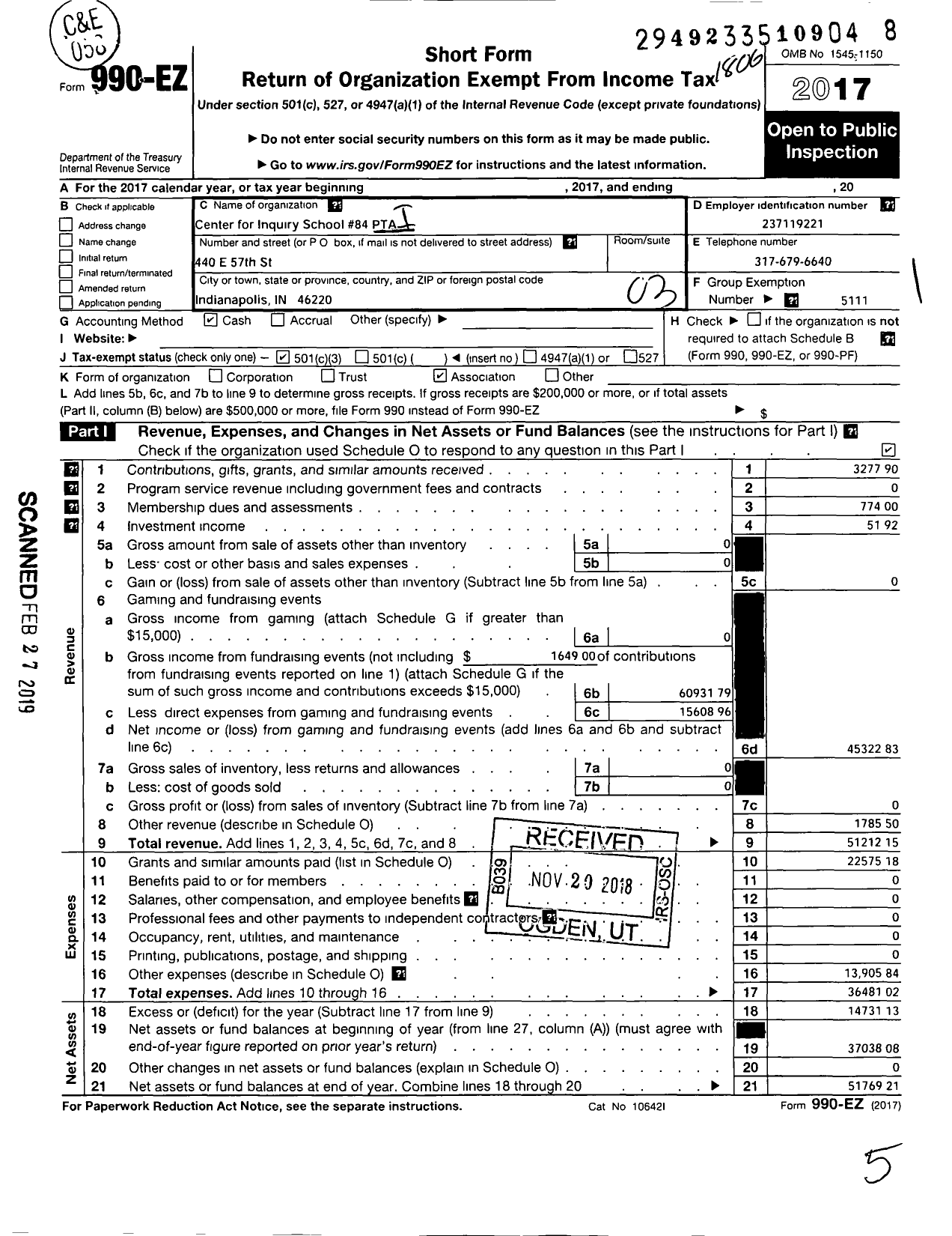 Image of first page of 2017 Form 990EZ for Indiana Congress of Parents and Teachers - Center for Inquiry School 84 PTA