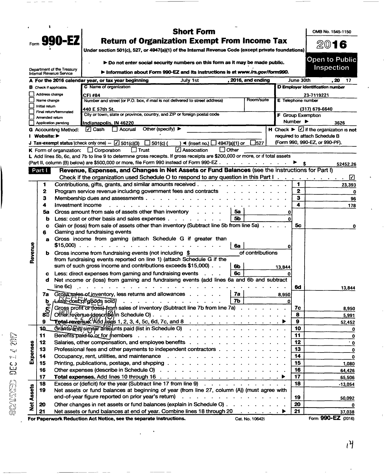 Image of first page of 2016 Form 990EZ for Indiana Congress of Parents and Teachers - Center for Inquiry School 84 PTA