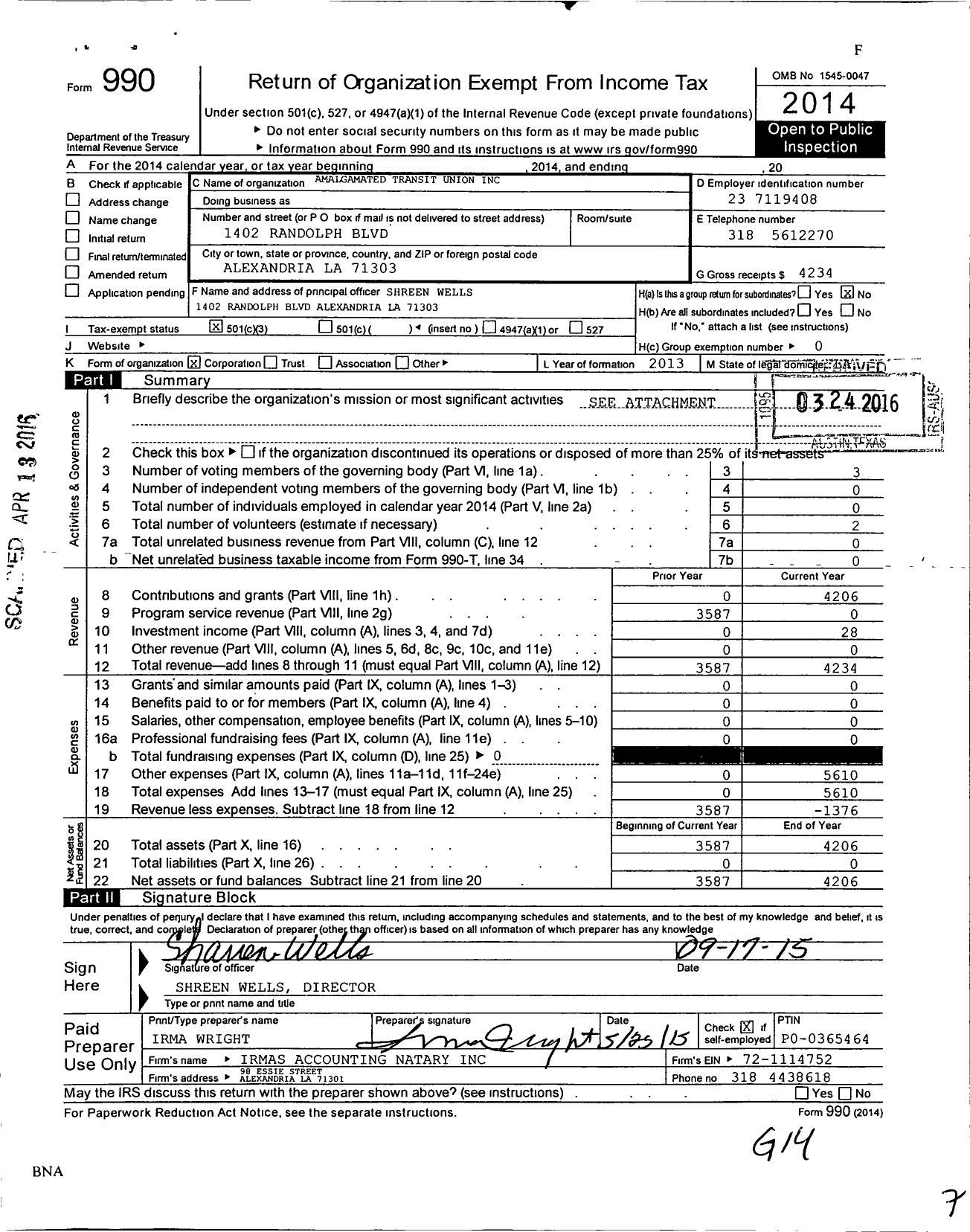 Image of first page of 2014 Form 990 for Amalgamated Transit Union