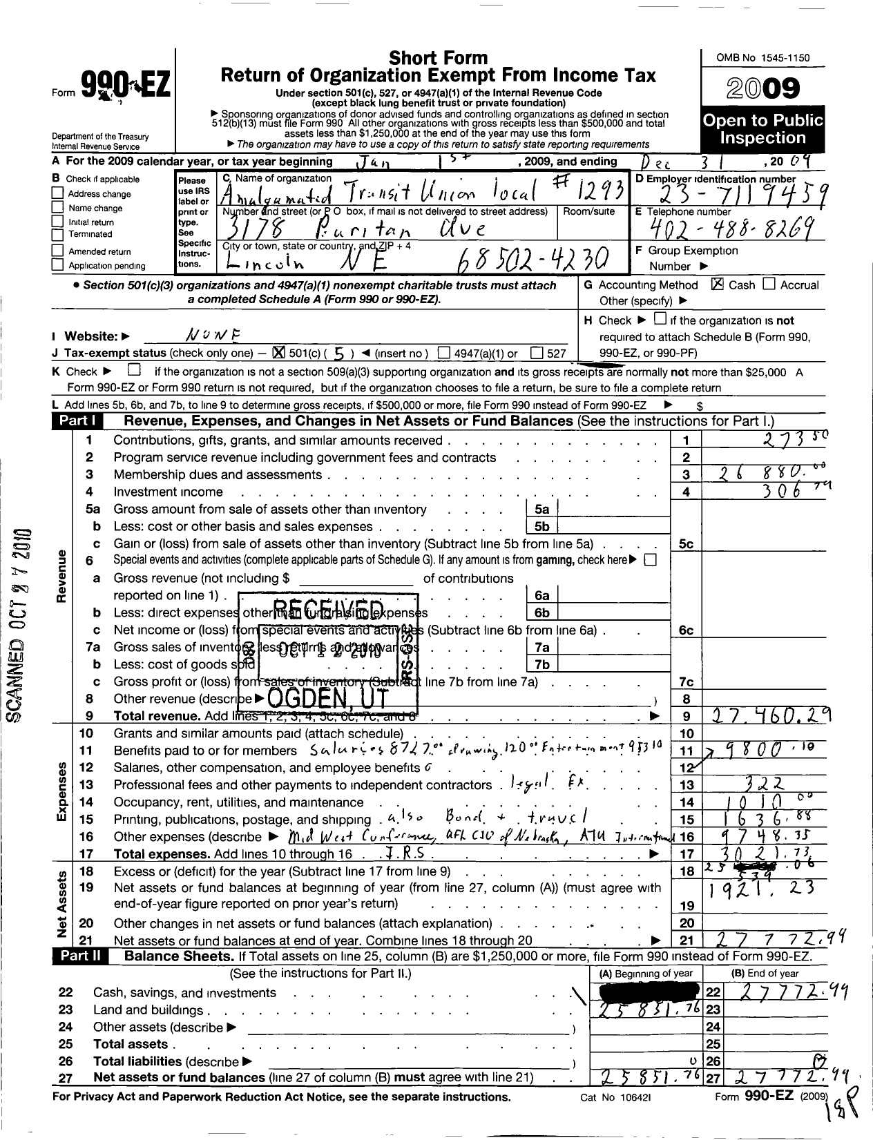 Image of first page of 2009 Form 990EO for Amalgamated Transit Union - 1293 Local