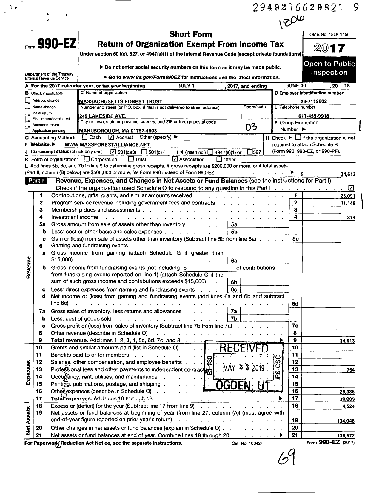 Image of first page of 2017 Form 990EZ for Massachusetts Forest Trust