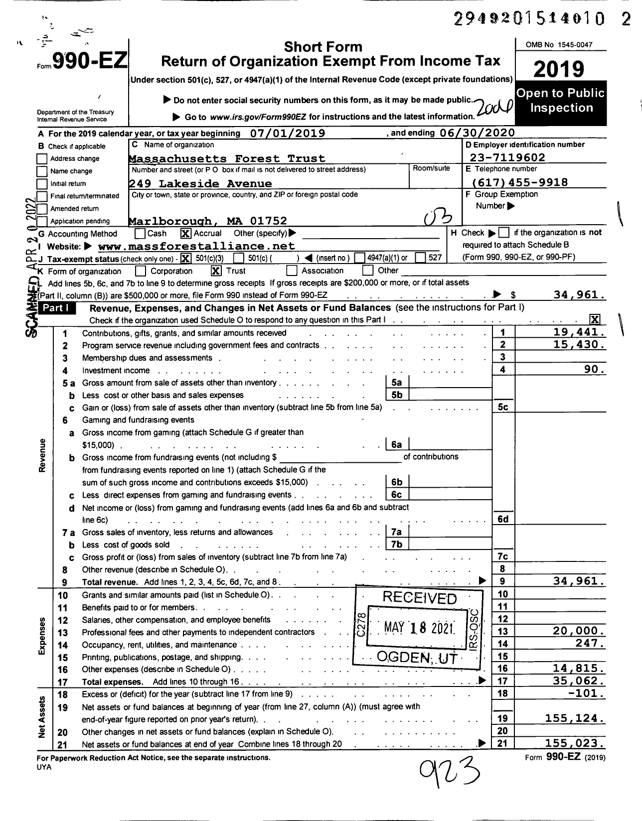 Image of first page of 2019 Form 990EZ for Massachusetts Forest Trust