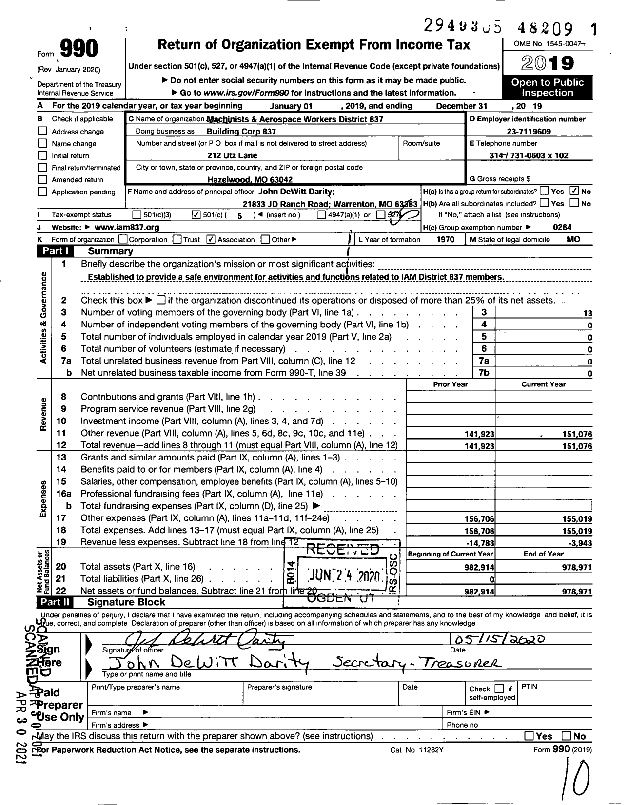 Image of first page of 2019 Form 990O for INTERNATIONAL ASSOCIATION OF MACHINISTS and AEROSPACE WORKERS - 837 Building Corp