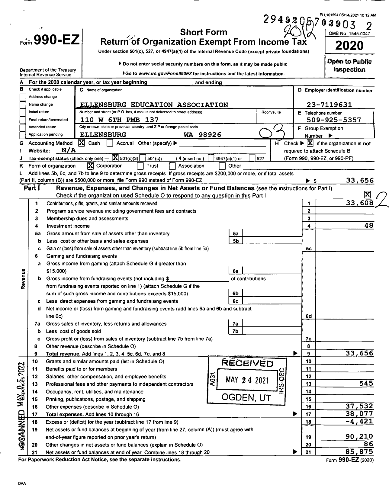 Image of first page of 2020 Form 990EZ for Ellensburg Education Association