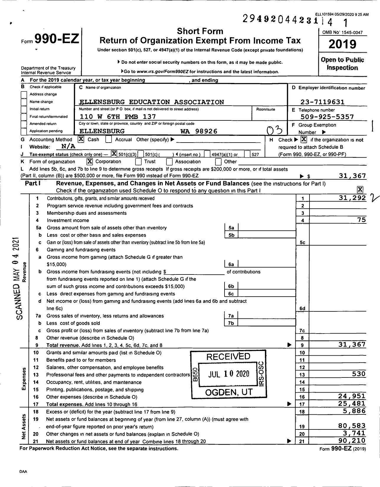 Image of first page of 2019 Form 990EZ for Ellensburg Education Association