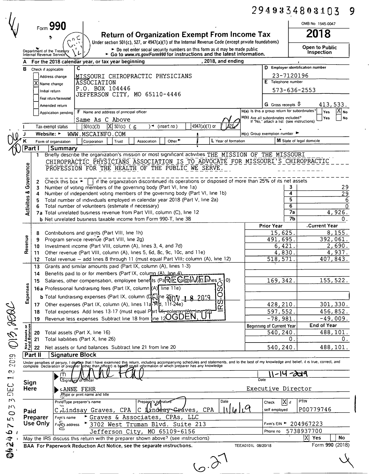 Image of first page of 2018 Form 990O for Missouri Chiropractic Physicians Association