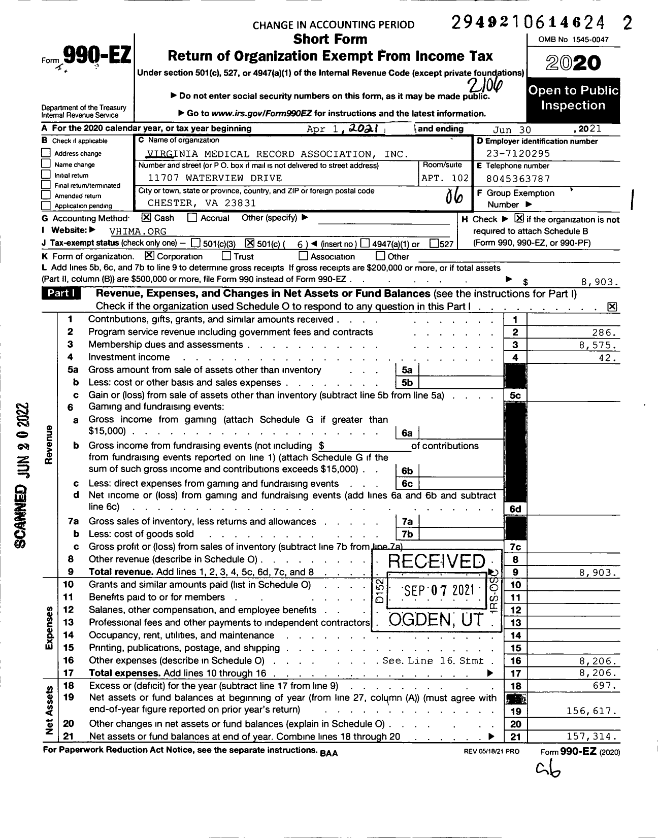 Image of first page of 2020 Form 990EO for Virginia Medical Record Association