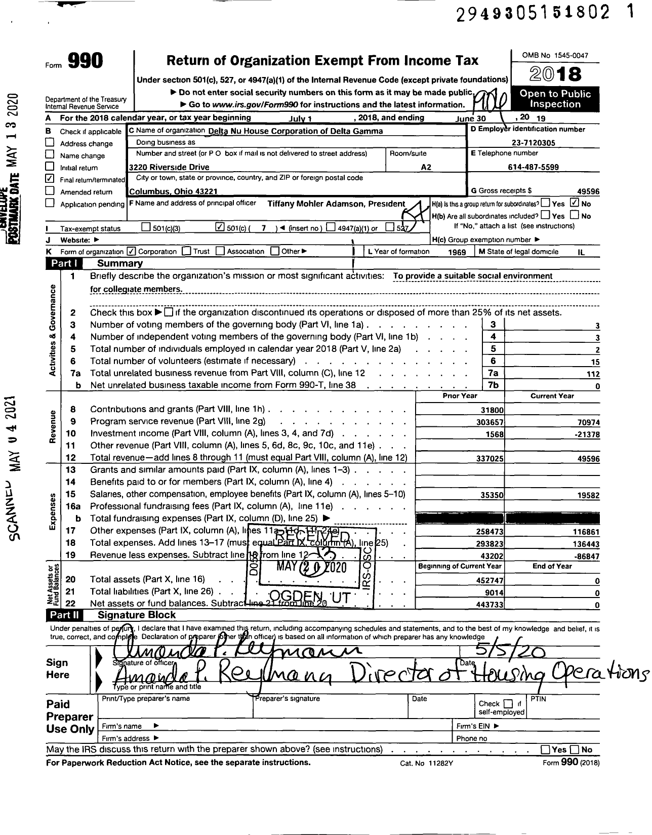 Image of first page of 2018 Form 990O for Delta Nu House Corporation of Delta Gamma