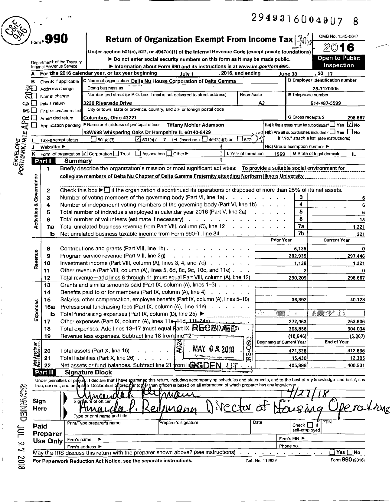 Image of first page of 2016 Form 990O for Delta Nu House Corporation of Delta Gamma