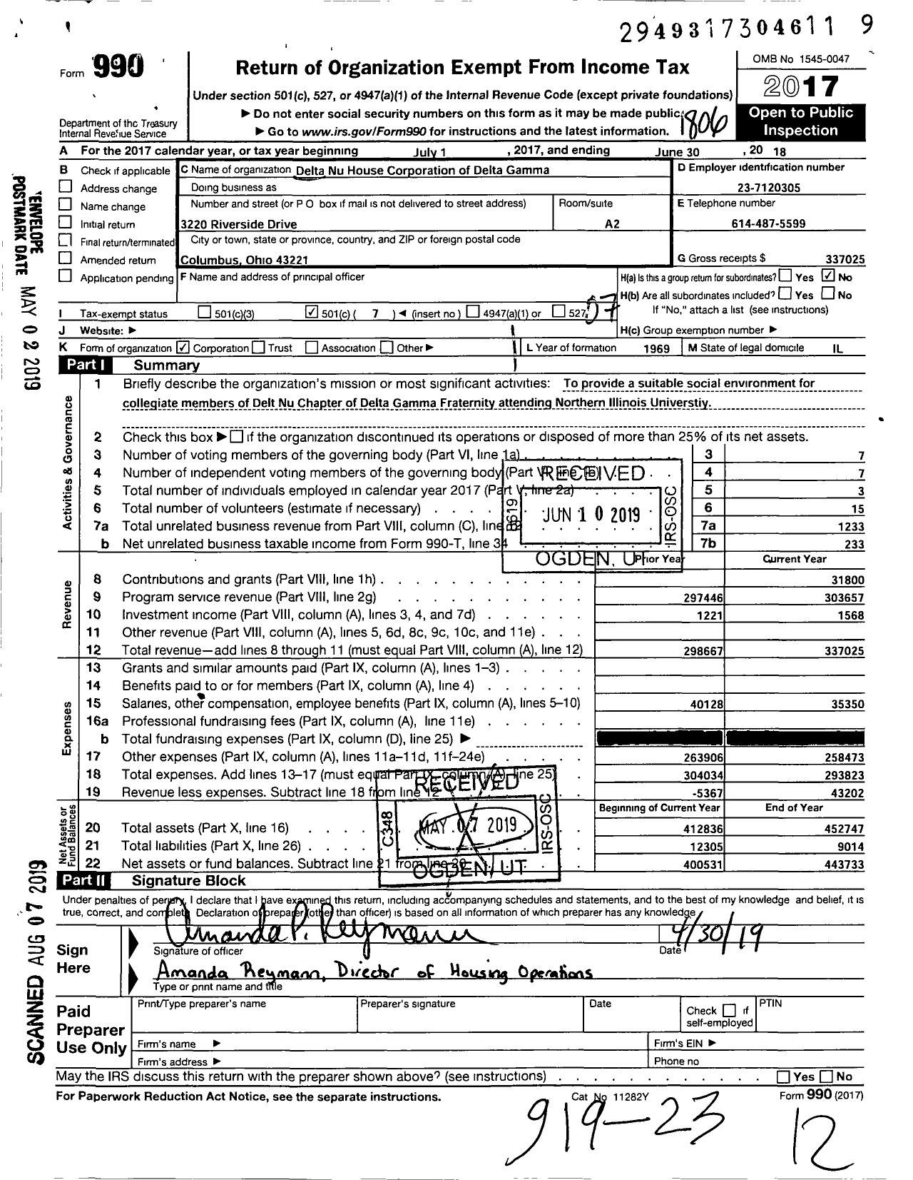 Image of first page of 2017 Form 990O for Delta Nu House Corporation of Delta Gamma