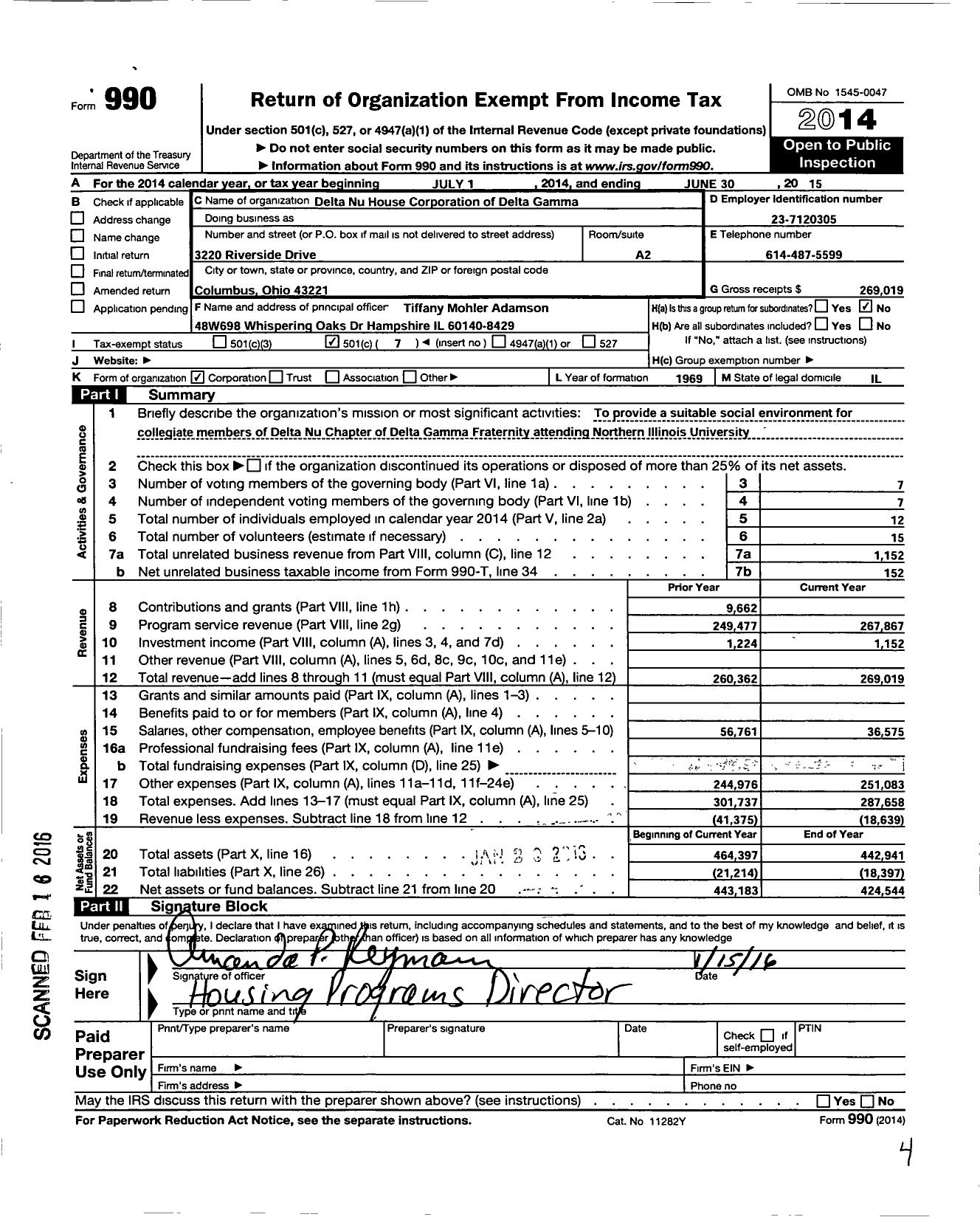 Image of first page of 2014 Form 990O for Delta Nu House Corporation of Delta Gamma