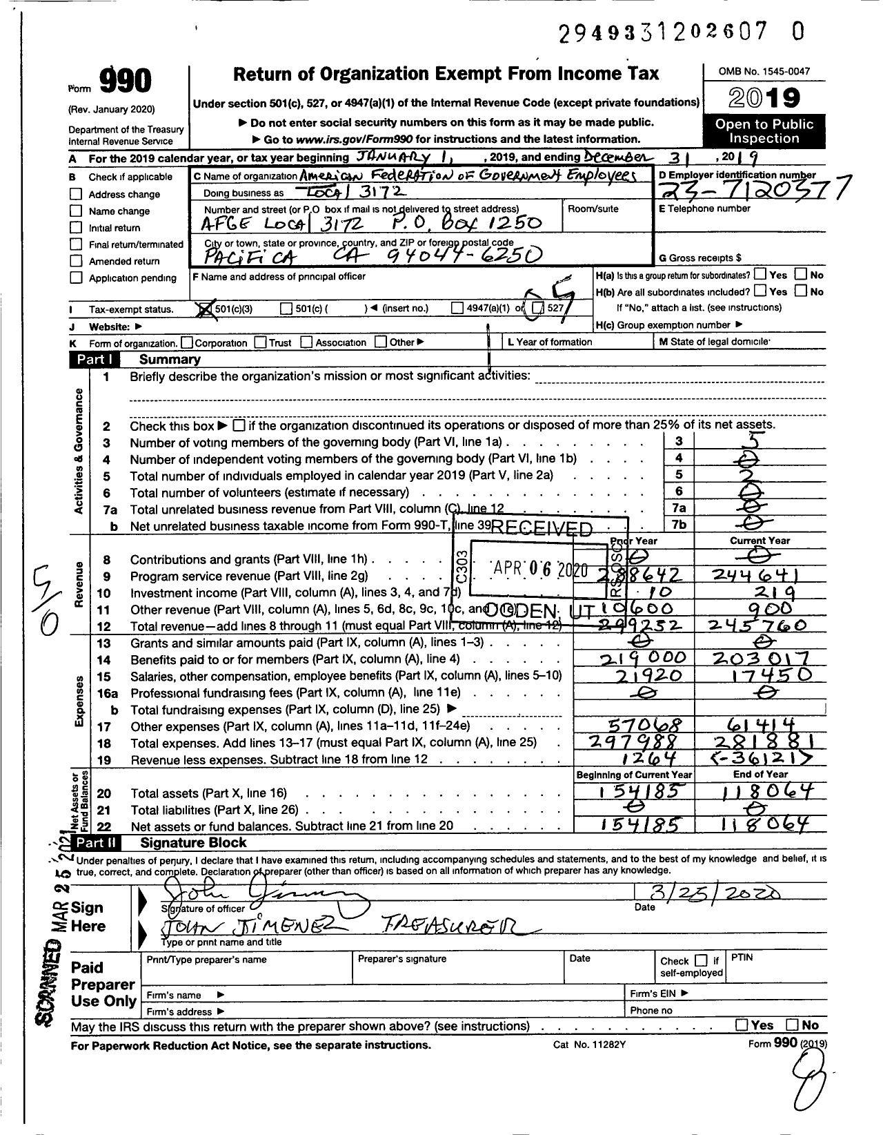 Image of first page of 2019 Form 990O for American Federation of Government Employees / Afge Local 3172