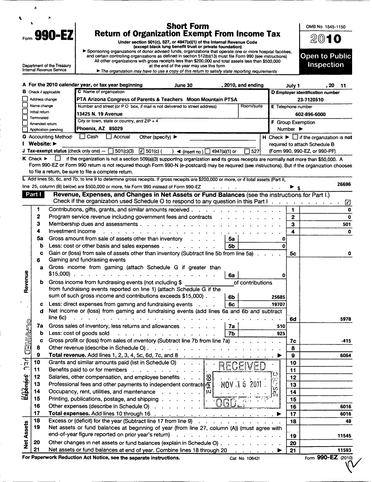 Image of first page of 2010 Form 990EO for PTA Arizona Congress of Parents and Teachers / Moon Mountain Ptsa