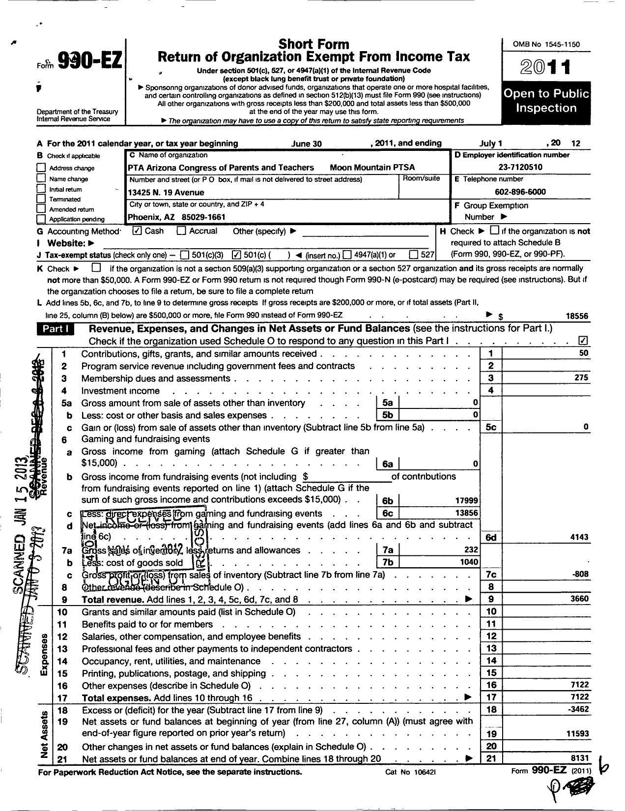 Image of first page of 2011 Form 990EO for PTA Arizona Congress of Parents and Teachers / Moon Mountain Ptsa