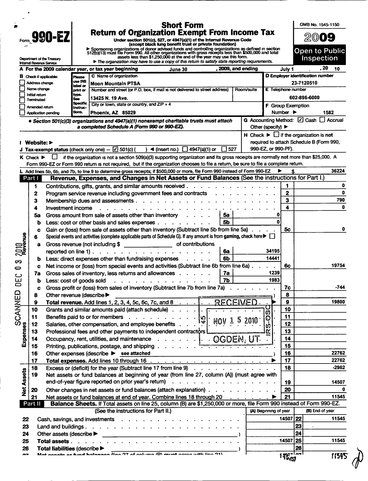 Image of first page of 2009 Form 990EO for PTA Arizona Congress of Parents and Teachers / Moon Mountain Ptsa