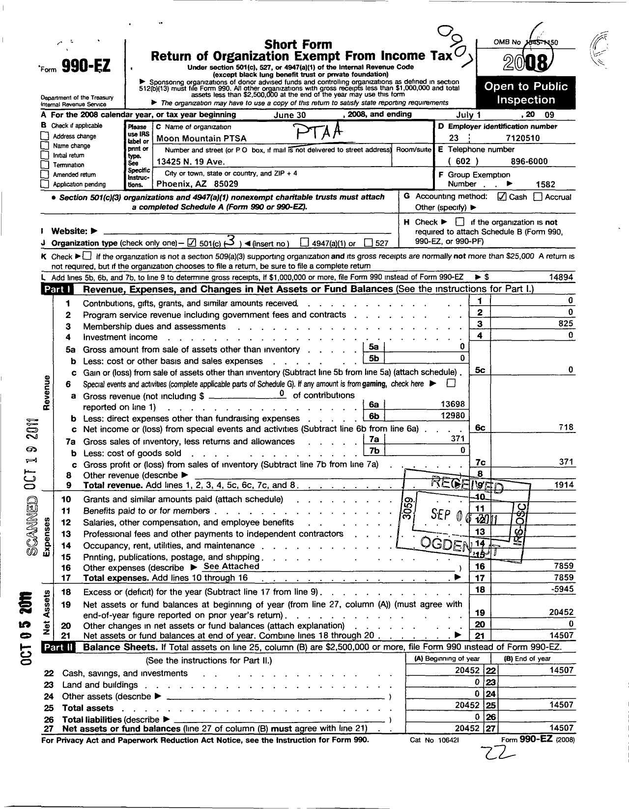 Image of first page of 2008 Form 990EZ for PTA Arizona Congress of Parents and Teachers / Moon Mountain Ptsa