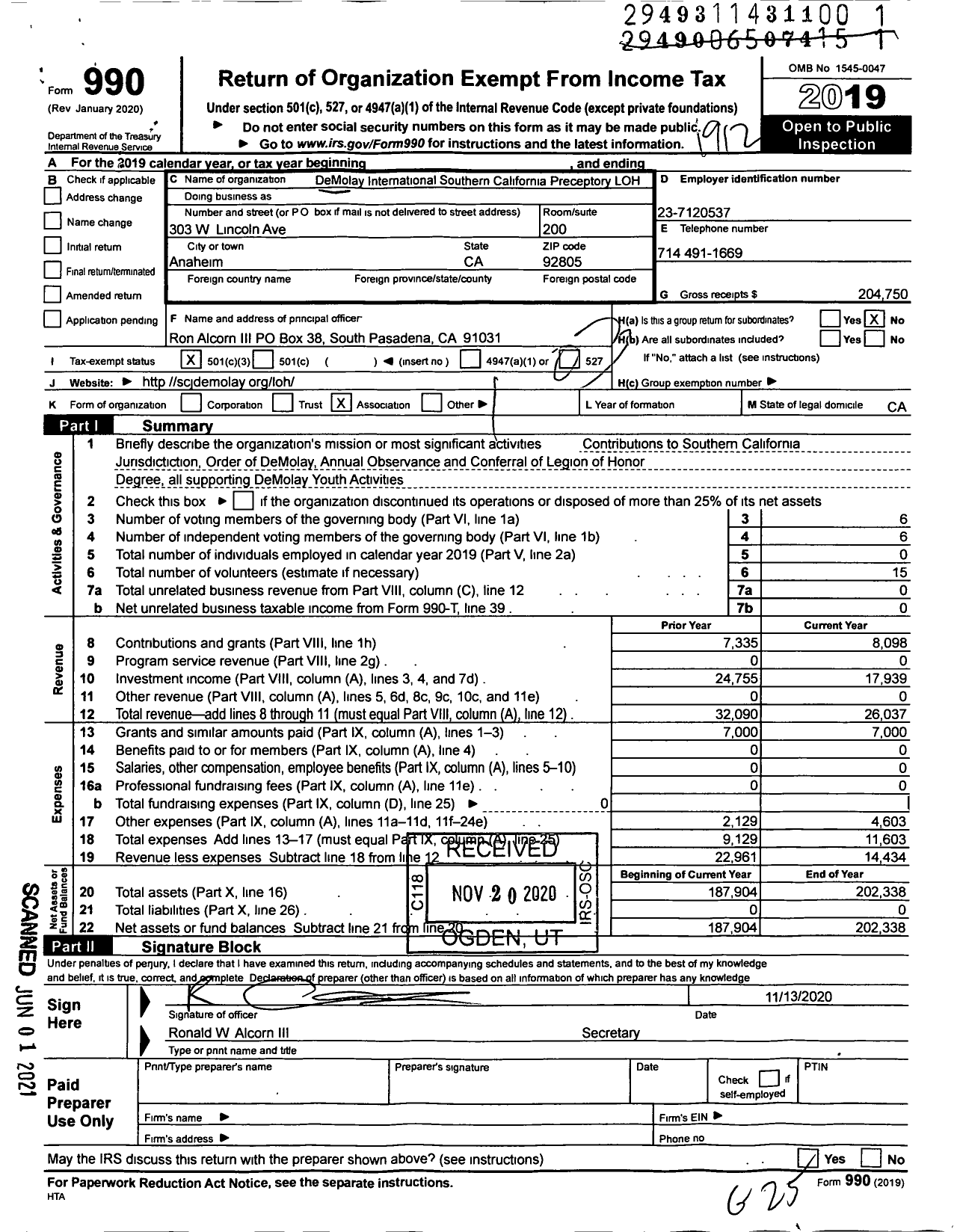 Image of first page of 2019 Form 990 for DEMOLAY International - 05701 S Ca Preceptory-Loh