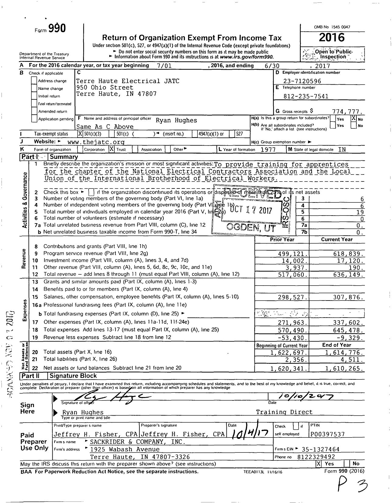 Image of first page of 2016 Form 990 for Terre Haute Electrical Jatc