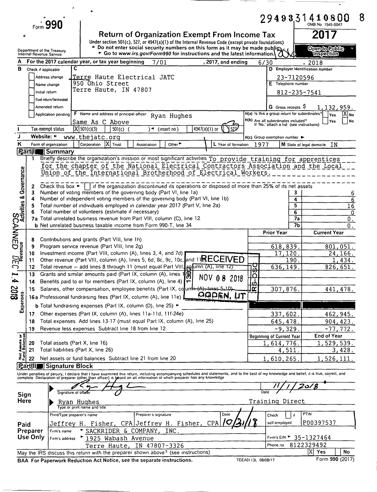 Image of first page of 2017 Form 990 for Terre Haute Electrical Jatc