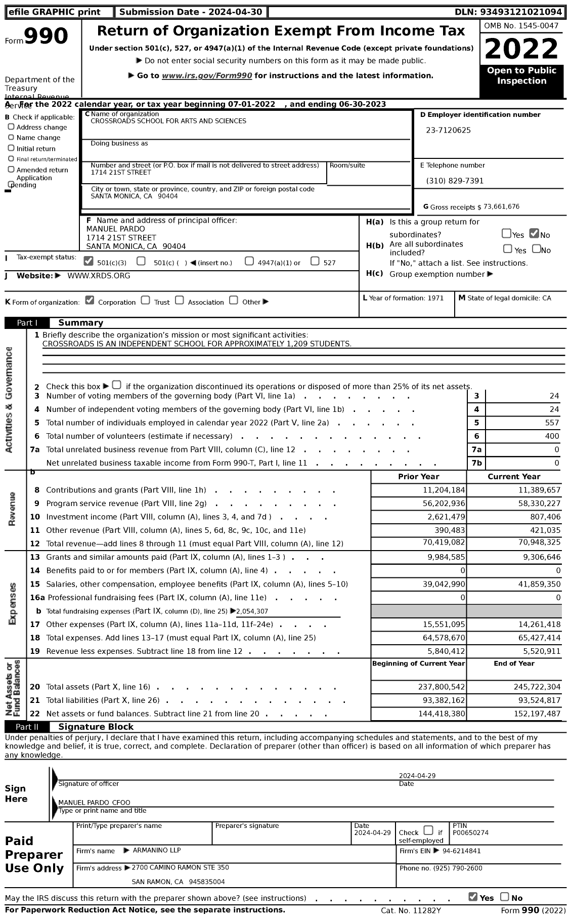 Image of first page of 2022 Form 990 for Crossroads School for Arts and Sciences