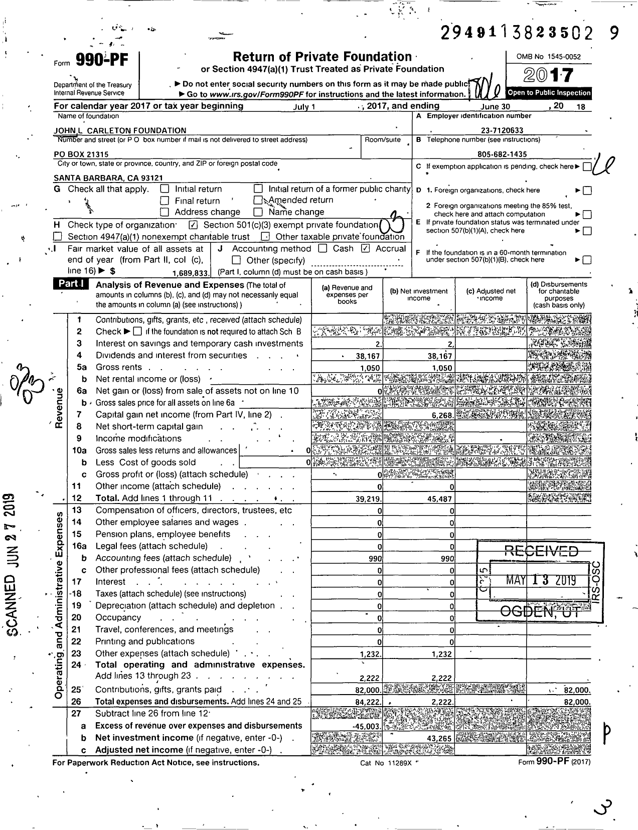 Image of first page of 2017 Form 990PF for John L Carleton Foundation