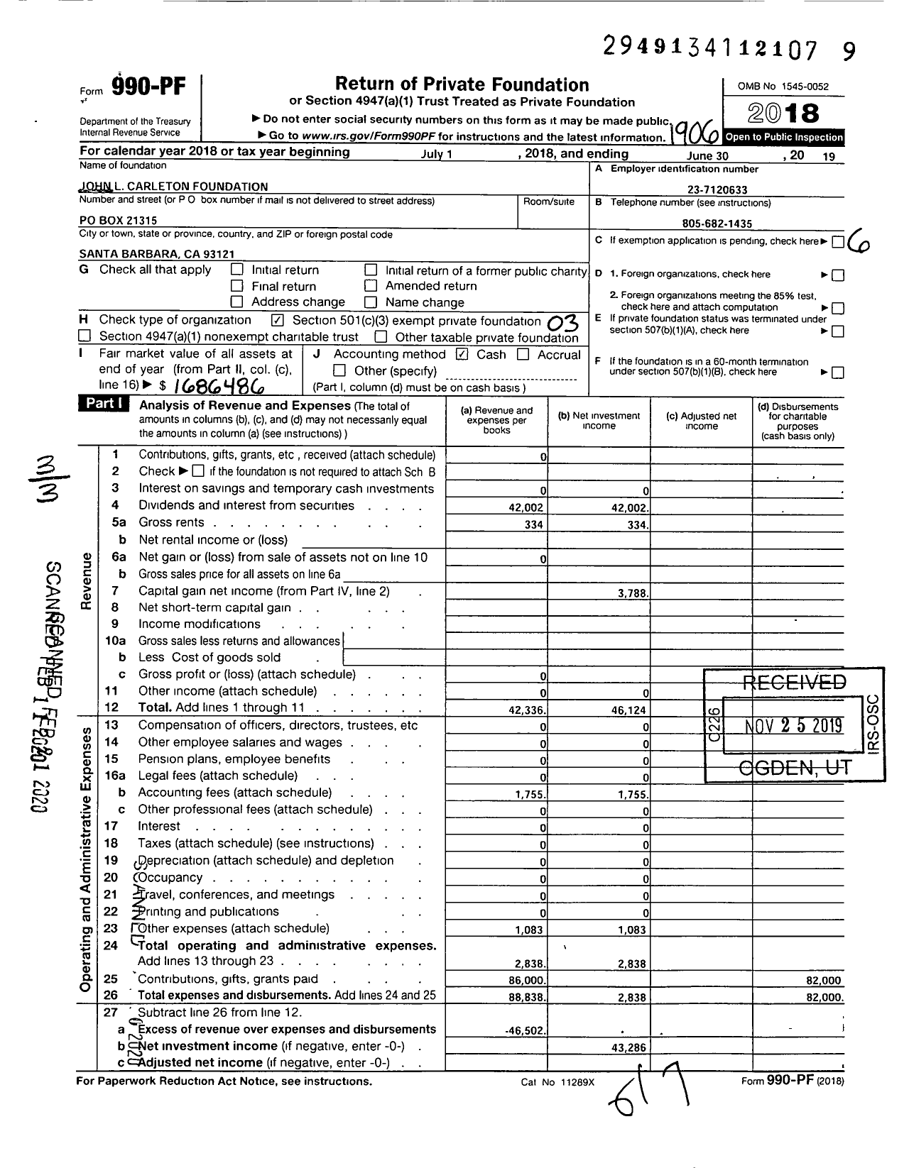 Image of first page of 2018 Form 990PF for John L Carleton Foundation