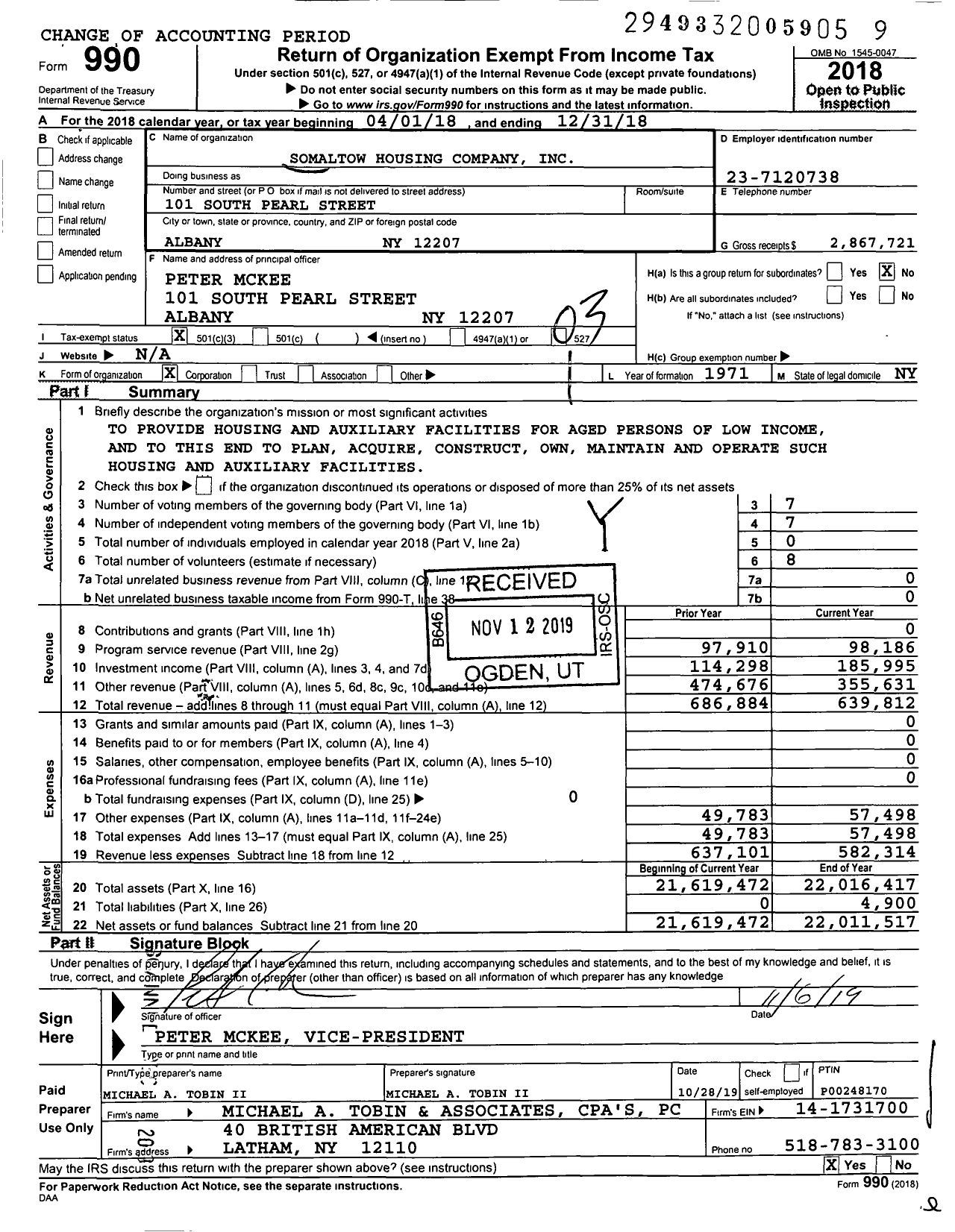 Image of first page of 2018 Form 990 for Somaltow Housing Company