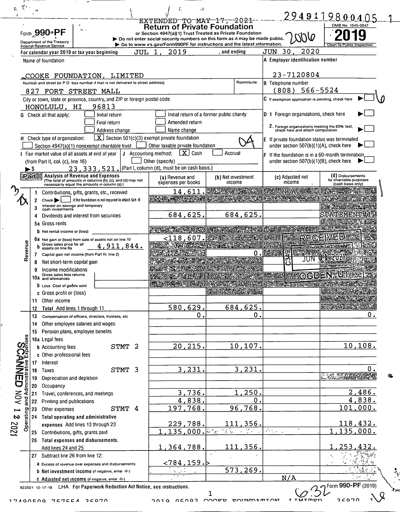 Image of first page of 2019 Form 990PF for Cooke Foundation Limited