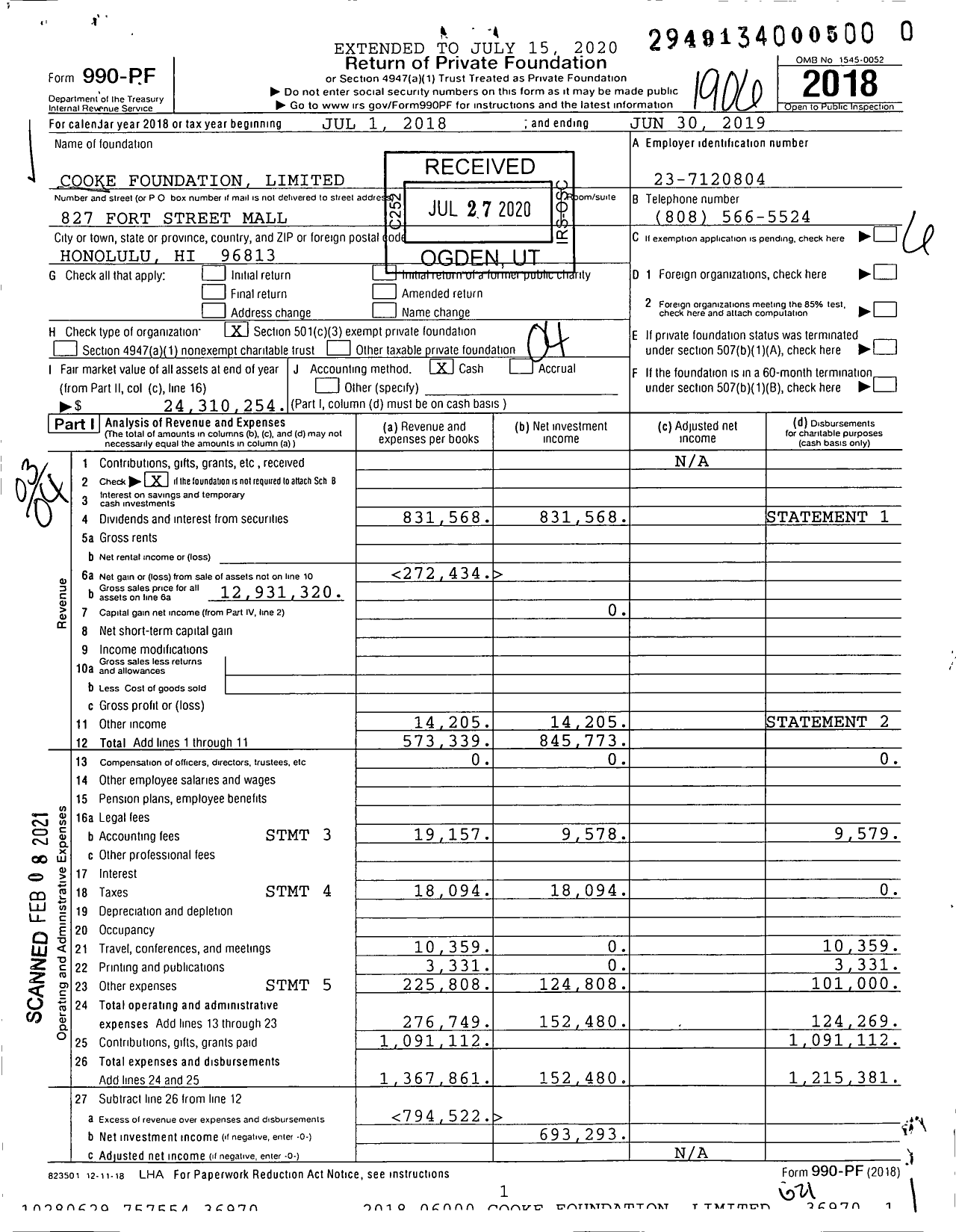 Image of first page of 2018 Form 990PF for Cooke Foundation Limited