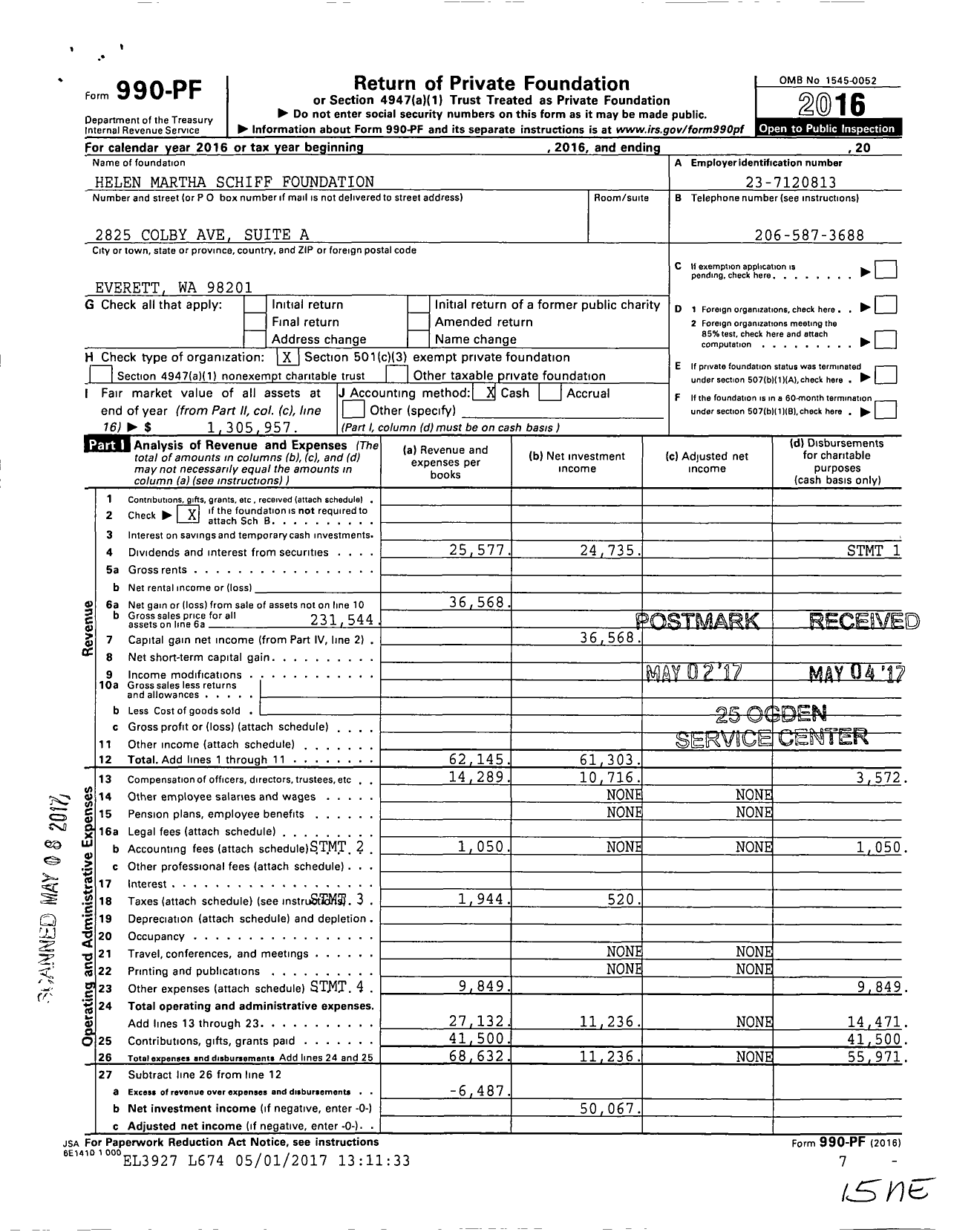 Image of first page of 2016 Form 990PF for Helen Martha Schiff Foundation