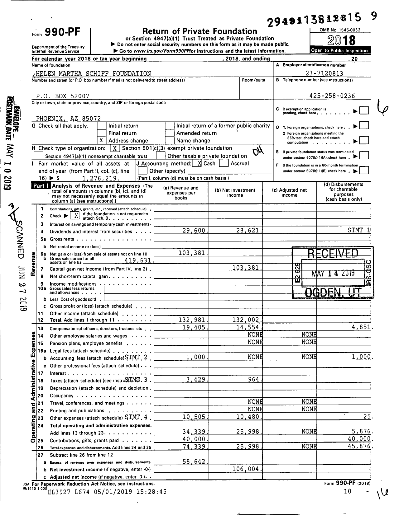 Image of first page of 2018 Form 990PF for Helen Martha Schiff Foundation