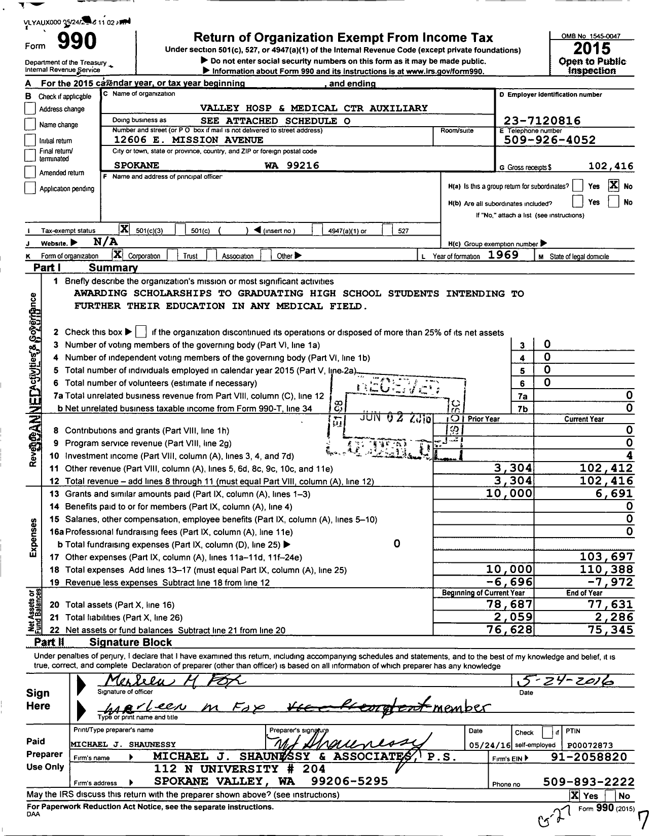 Image of first page of 2015 Form 990 for Valley Hospital and Medical Center Auxilary Valley Hospital and Medical Center Auxiliary