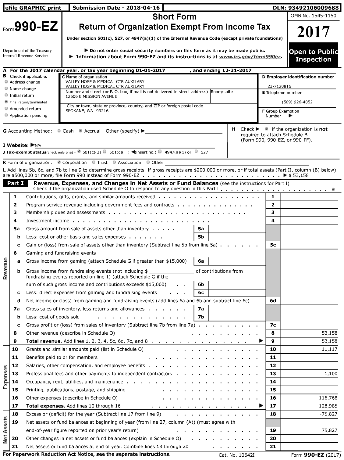 Image of first page of 2017 Form 990EZ for Valley Hospital and Medical Center Auxilary Valley Hospital and Medical Center Auxiliary