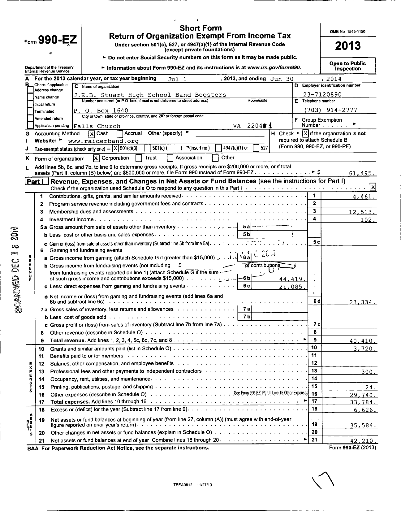 Image of first page of 2013 Form 990EZ for Justice High School Band Boosters