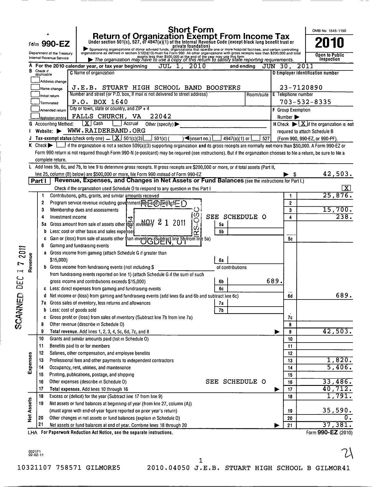 Image of first page of 2010 Form 990EZ for Justice High School Band Boosters