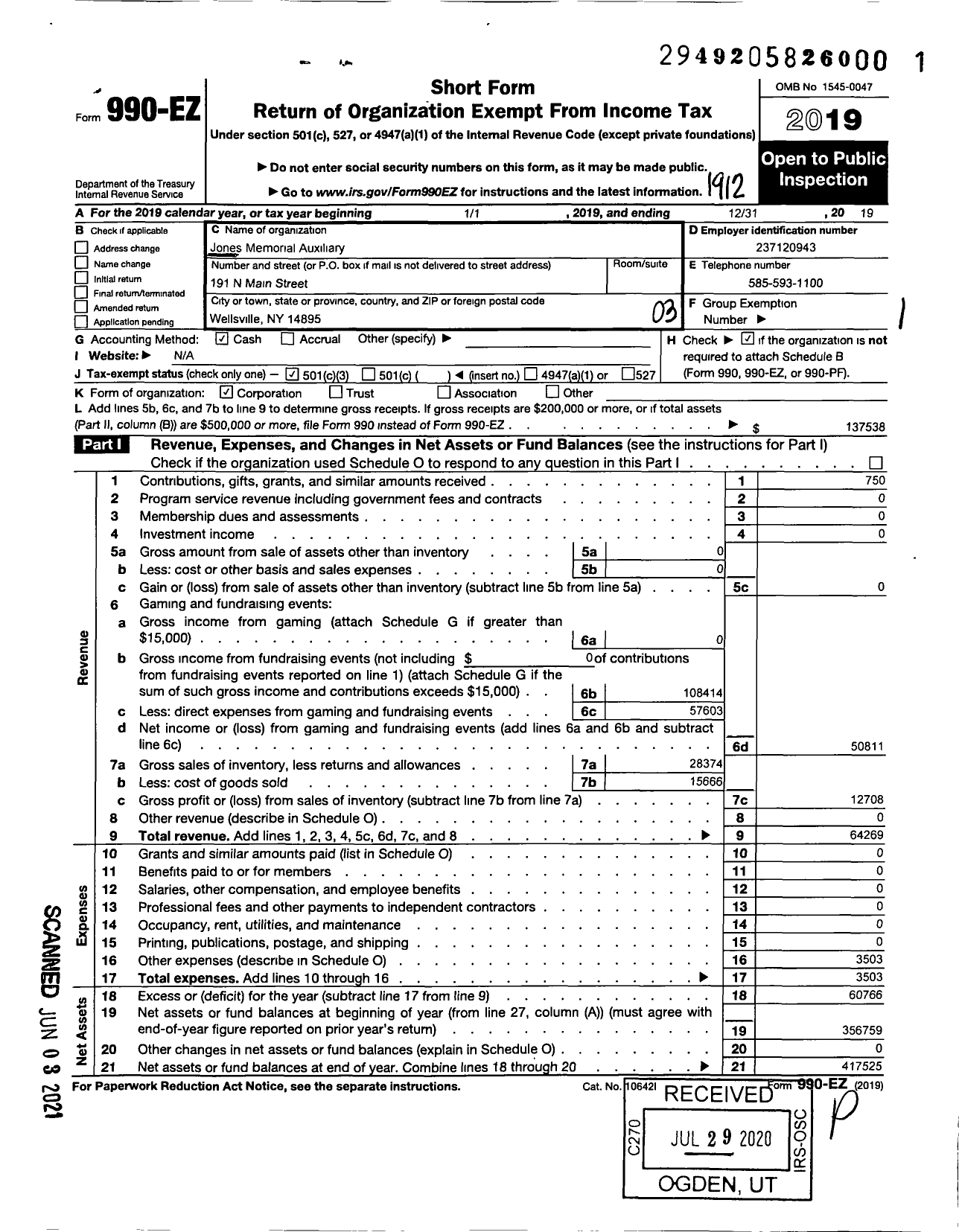 Image of first page of 2019 Form 990EZ for Jones Memorial Hospital Auxiliary