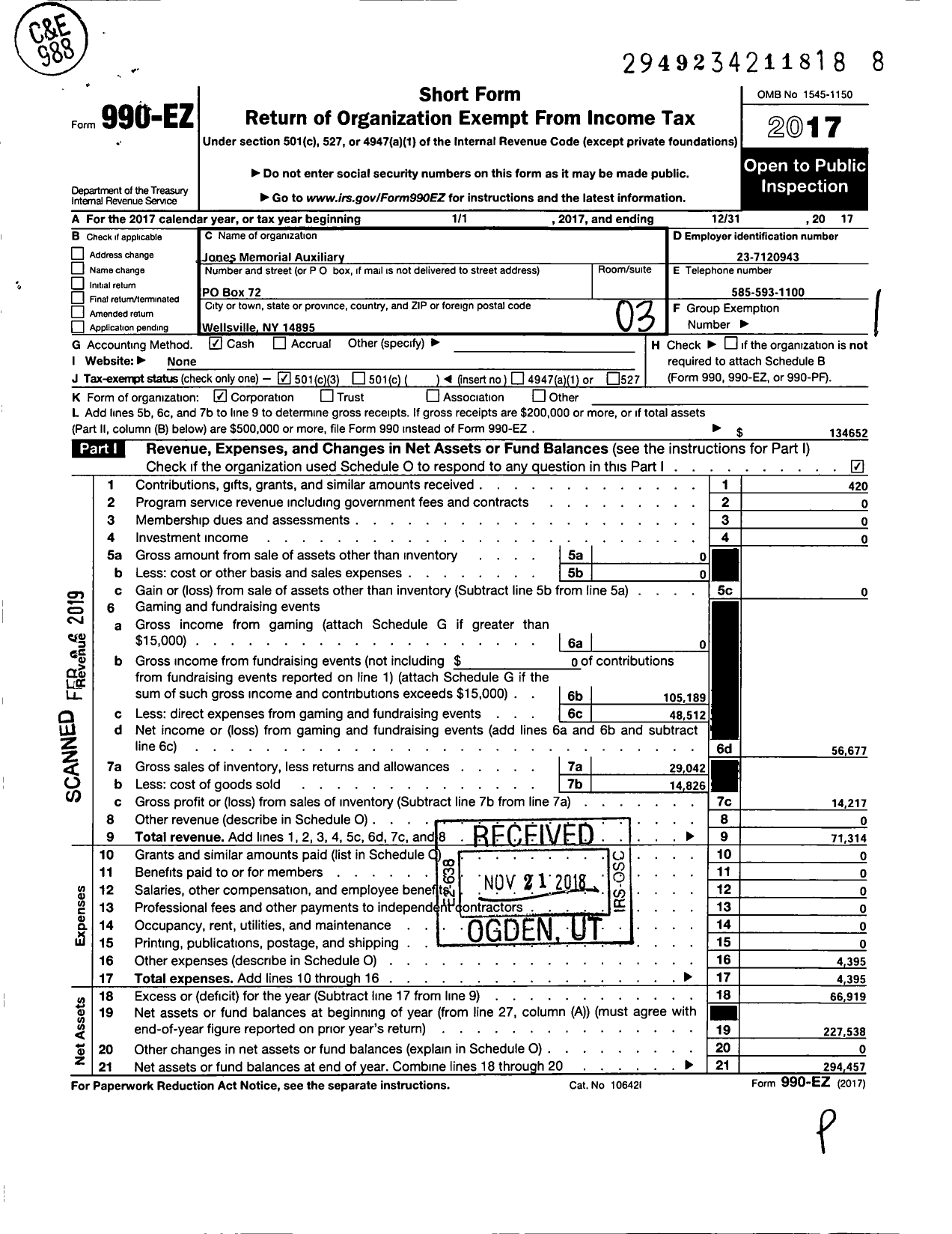 Image of first page of 2017 Form 990EZ for Jones Memorial Hospital Auxiliary