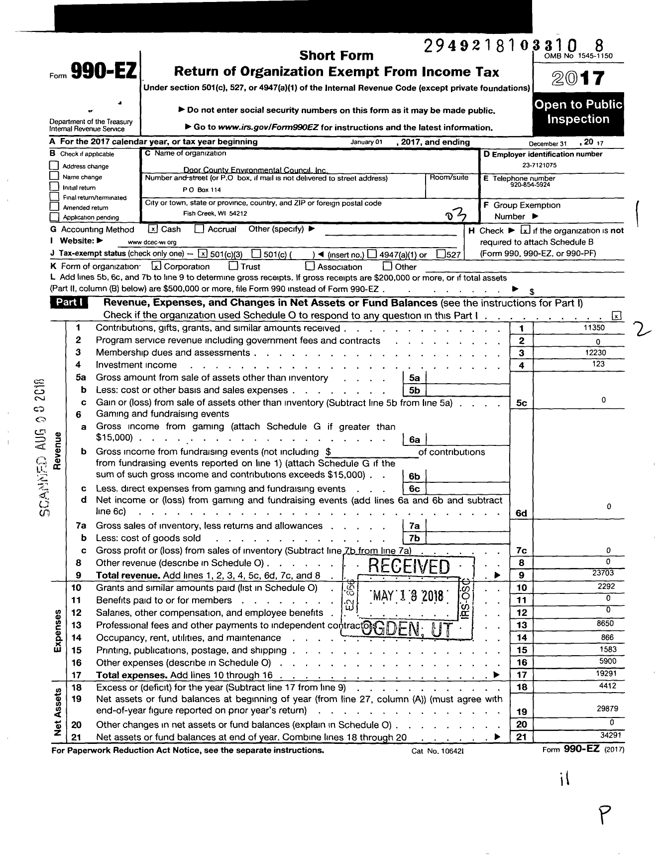 Image of first page of 2017 Form 990EZ for Door County Environmental Council