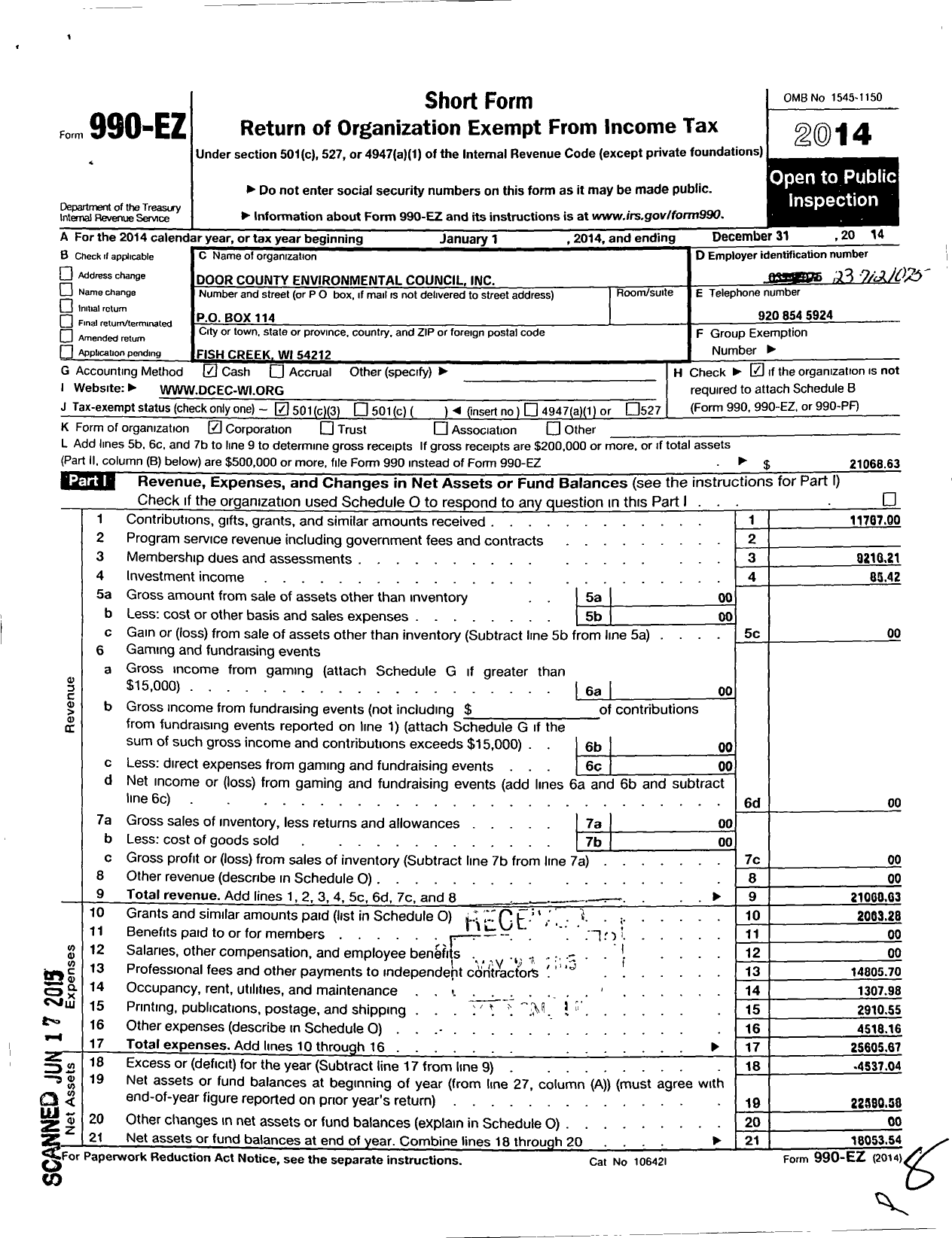 Image of first page of 2014 Form 990EZ for Door County Environmental Council