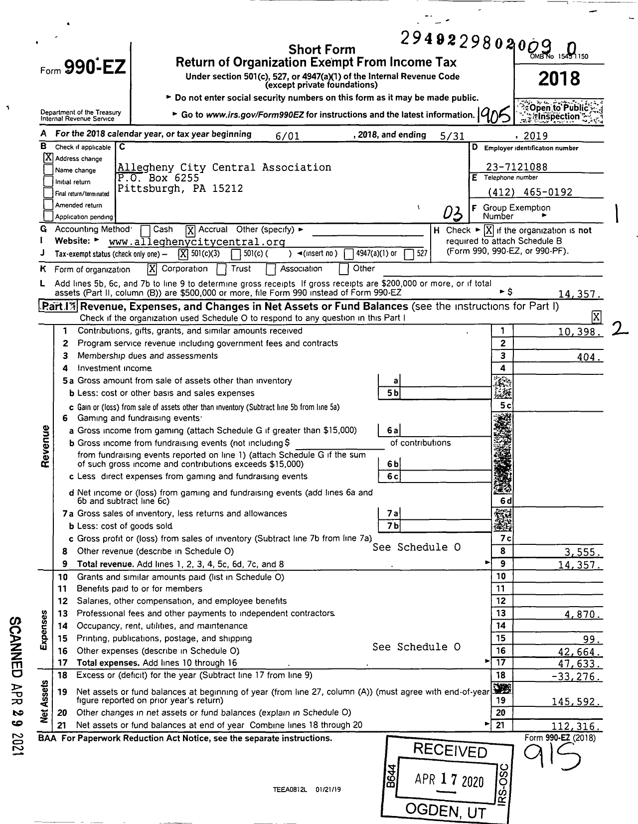 Image of first page of 2018 Form 990EZ for Allegheny City Central Association