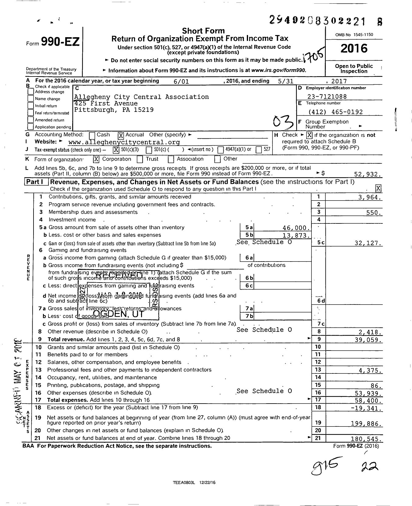 Image of first page of 2016 Form 990EZ for Allegheny City Central Association