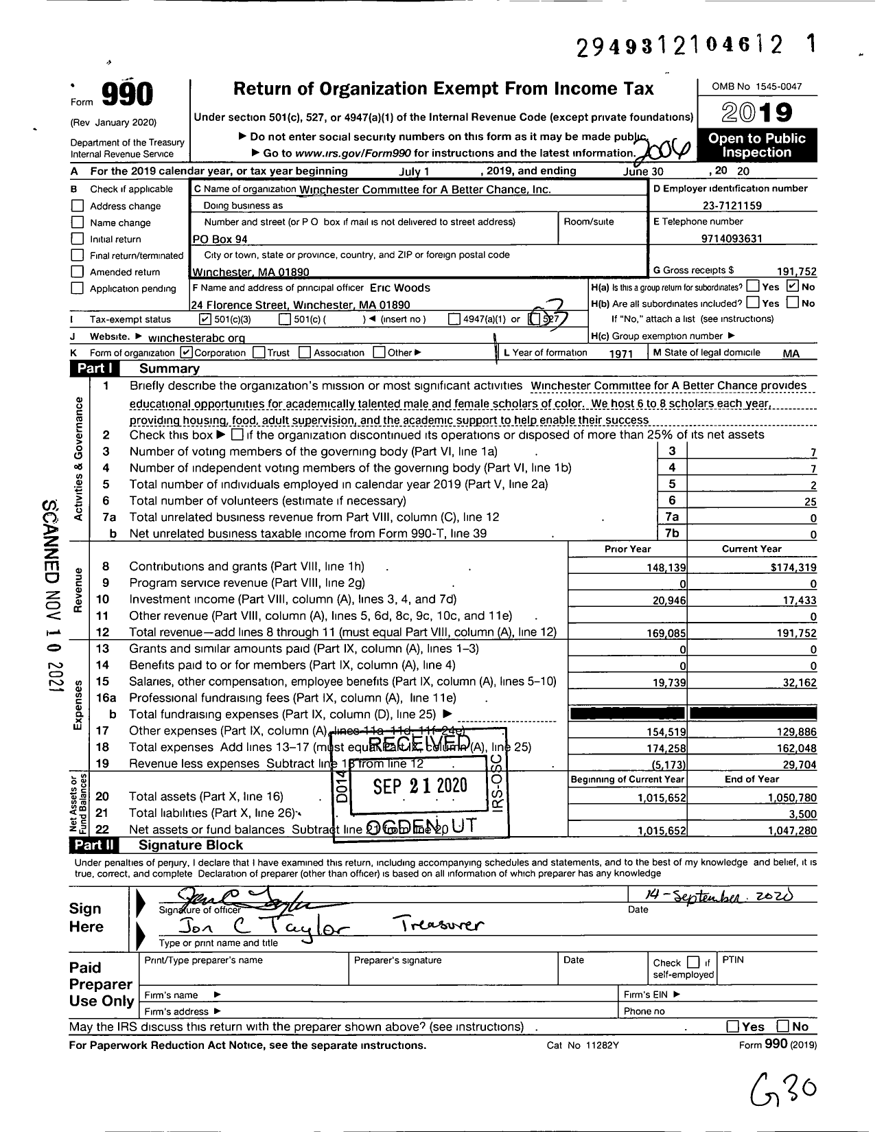 Image of first page of 2019 Form 990 for Winchester Committee for A Better Chance