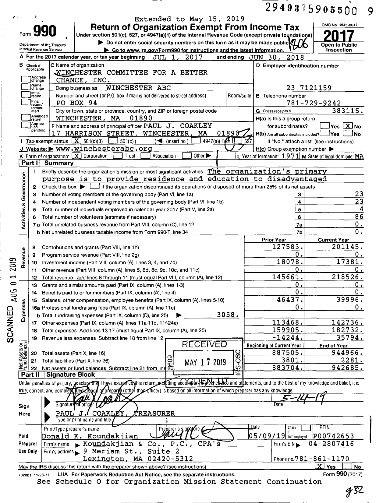 Image of first page of 2017 Form 990 for Winchester Committee for A Better Chance