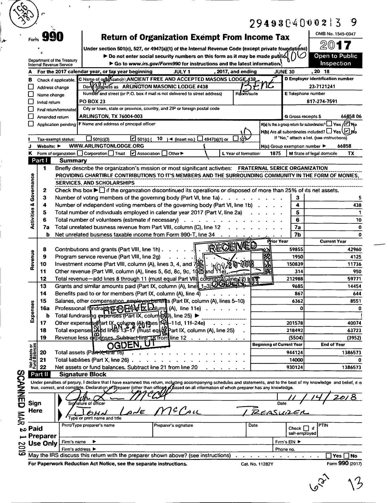 Image of first page of 2017 Form 990O for Freemasons in Texas - Arlington Masonic Lodge #438