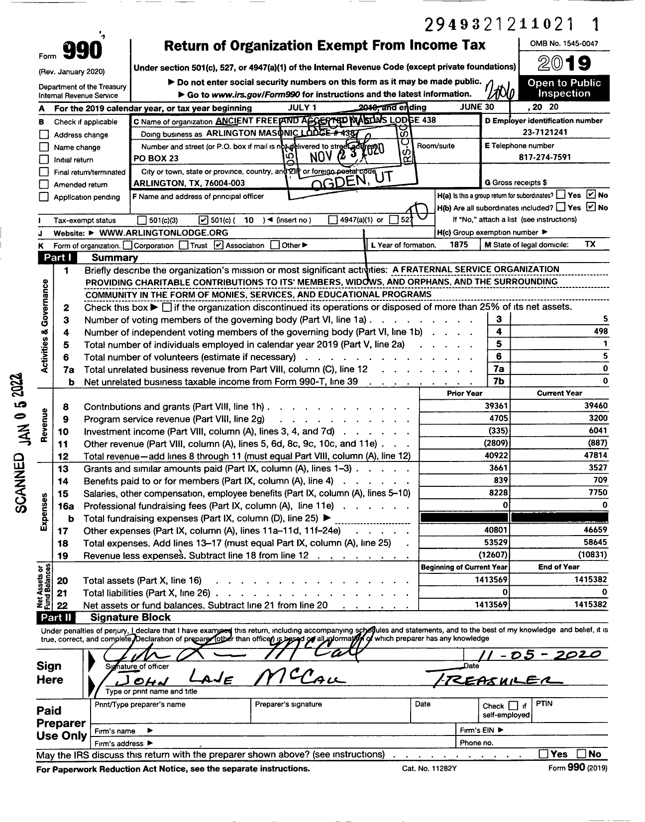 Image of first page of 2019 Form 990O for Freemasons in Texas - Arlington Masonic Lodge #438