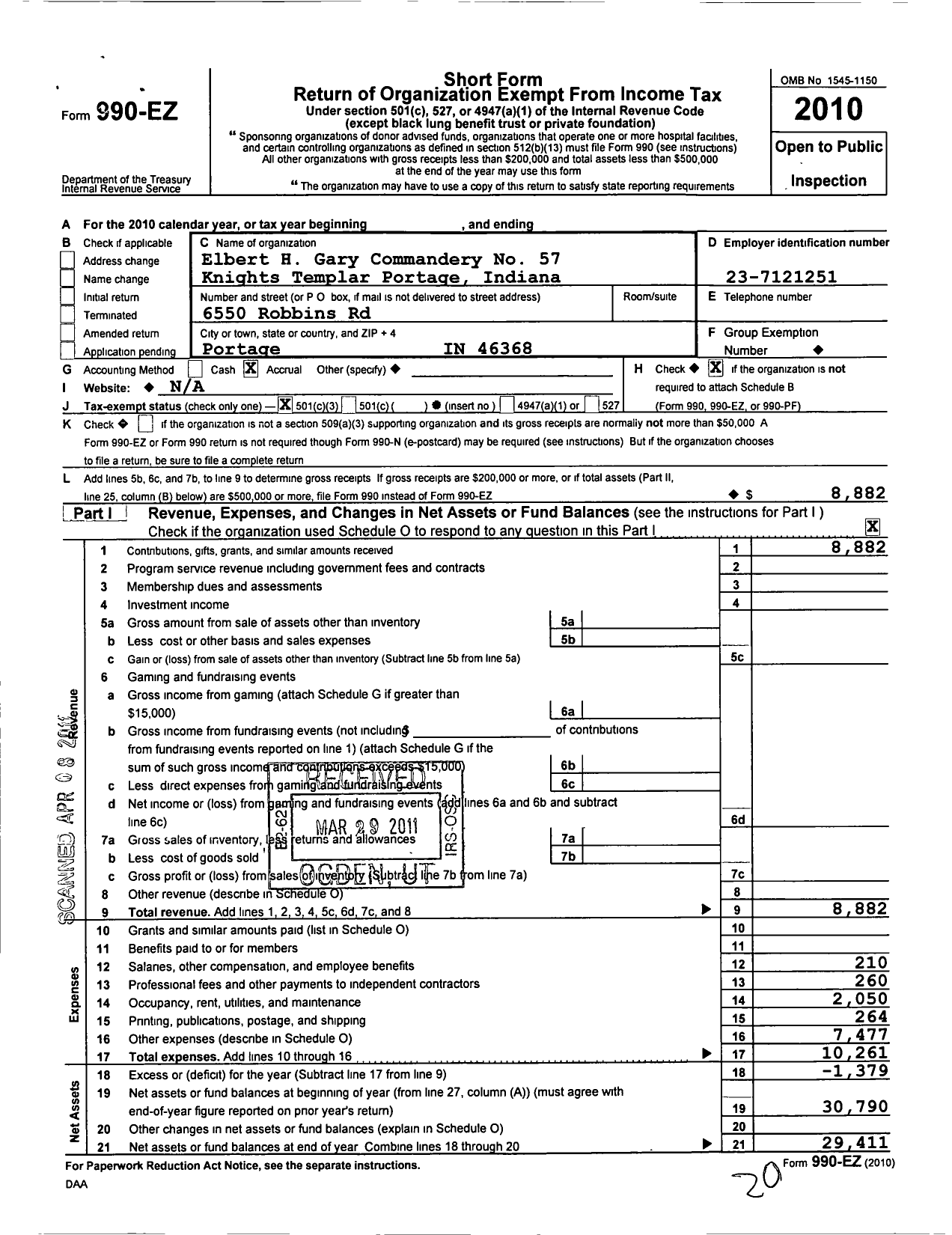 Image of first page of 2010 Form 990EZ for Knights Templar - 57 Elbert H Gary Commandery