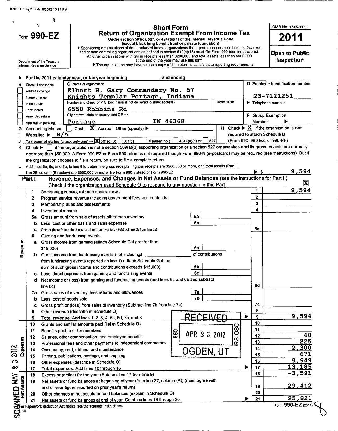 Image of first page of 2011 Form 990EZ for Knights Templar - 57 Elbert H Gary Commandery