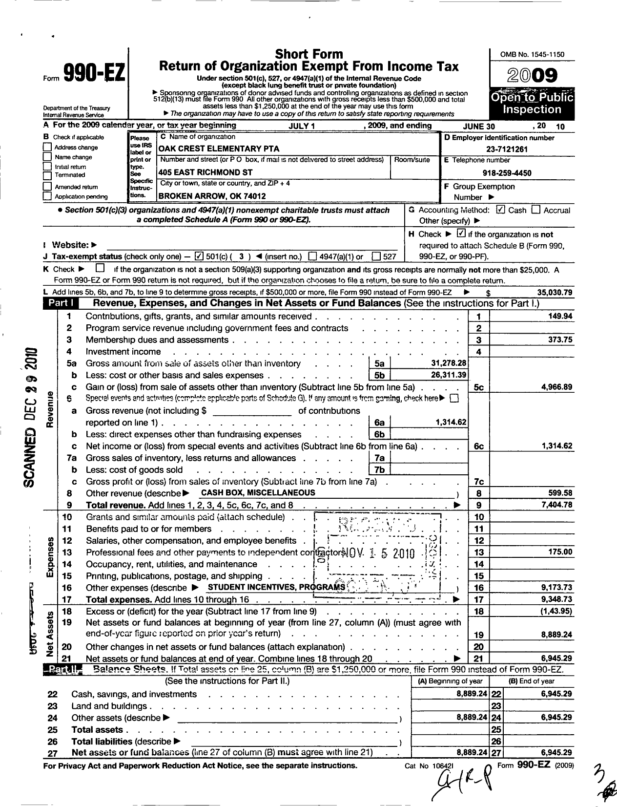 Image of first page of 2009 Form 990EZ for PTA Oklahoma Congress / Oak Crest Elementary