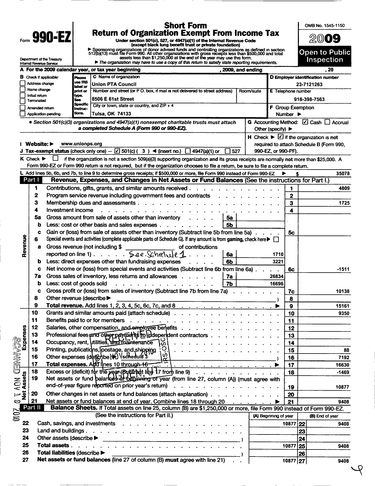 Image of first page of 2009 Form 990EZ for PTA Oklahoma Congress / Union Council