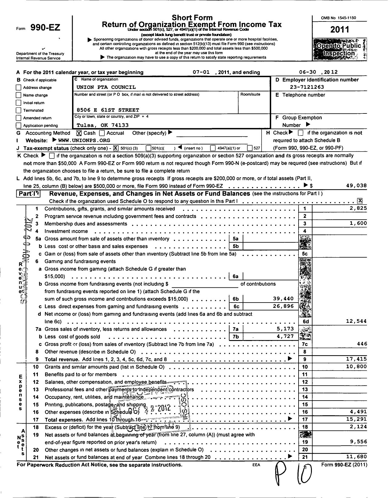 Image of first page of 2011 Form 990EZ for PTA Oklahoma Congress / Union Council